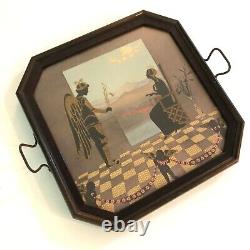 Art Nouveau Antique Lithograph Tray Wood Glass Angel Cupids Handles Footed Deco