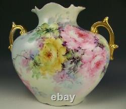 Austria Hand Painted Multicolor Roses Handled 11 Pillow Vase