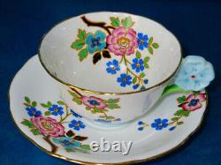 Aynsley Antique Scarce Art Deco Fancy Blue FLOWER HANDLE Painted Cup & Saucer