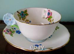 Aynsley Antique Scarce Art Deco Fancy Blue FLOWER HANDLE Painted Cup & Saucer