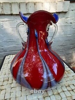 Azerbaijan Vase Glassware Double Handle Russian Art 7 1/2 Tall & 7 diameter
