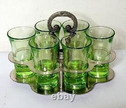 Beautiful Art Deco Silver Plated Caddy with Green Cordial Glasses Barware