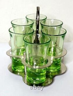Beautiful Art Deco Silver Plated Caddy with Green Cordial Glasses Barware