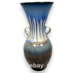 Bill Campbell Pottery Vase Flambe Drip Glaze Art Deco 12 Blue Brown Purple