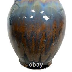 Bill Campbell Pottery Vase Flambe Drip Glaze Art Deco 12 Blue Brown Purple