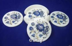 Blue Stone Inlay Work Tea Coaster White Marble Beer Coaster for Decor 4.5 Inches
