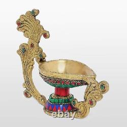 Brass Engraved Deepak with Stonework on Handle 6 cm x 16.5 cm x 12.5 cm