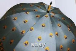CHRISTIAN DIOR Vintage Parapluies Umbrella Blue & Gold Wood Handle 1970's RARE