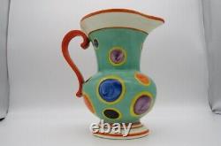 CZECH Art Deco Handpainted Pottery Pitcher Polka Dot Decor Rare 1 1/2 Liter