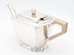 Classy Art Deco Tea Pot Silver, 21.2oz, With White Handle & Hallmarks