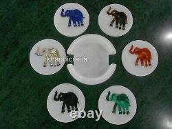 Colorful Elephant Art Inlay Coaster Set White Marble Coffee Coaster 4.5 Inches
