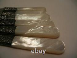 Dainty Set Of 6 Art Deco Sterling Silver & Mother Of Pearl Handle Dessert Knives