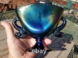 Fenton Carnival Stretch Glass Black Amethyst Iridescent Dolphin Handle Fan Vase