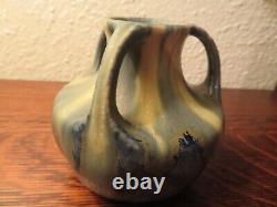 French Art Deco Pottery Denbac, Vierzon, Three-Handled Vase, Blue Drip Glaze