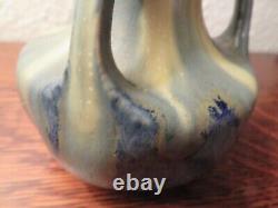 French Art Deco Pottery Denbac, Vierzon, Three-Handled Vase, Blue Drip Glaze