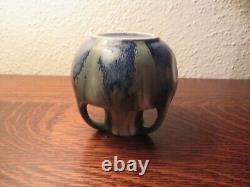 French Art Deco Pottery Denbac, Vierzon, Three-Handled Vase, Blue Drip Glaze