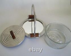 French Art Deco Round Glass Biscuit Box on Mirror Tray with Handle Tableware