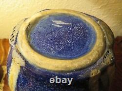 French Art Deco Stoneware Large Two-Handled Vase, Beautiful Blue Drip Glaze