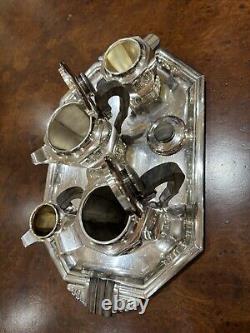 French Art Deco silver plated and wooden handled tea set and tray. Great Cond