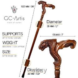 GC-Artis wooden cane walking stick Ergonomic palm grip handle T-Rex dinosaur