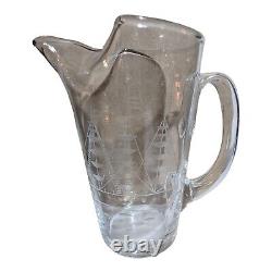 HAWKES Signed Etched Art Deco Pitcher Boat Ship 6.5