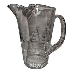 HAWKES Signed Etched Art Deco Pitcher Boat Ship 6.5