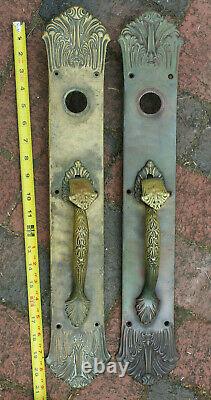 HUGE 21 Cast Brass Ornate Art Deco Entry Door Handles withAttached Backplates
