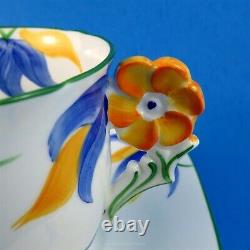 Hand Painted Art Deco Flower Handle Yellow & Blue Collingwoods Tea Cup & Saucer