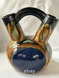 Henri Delcourt France Art Deco Pottery Wedding Double Neck Handle Vase Signed
