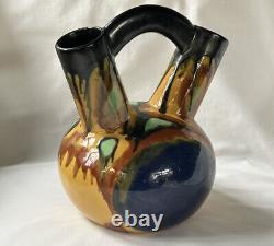 Henri Delcourt France Art Deco Pottery Wedding Double Neck Handle Vase Signed