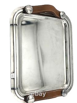 Hermes Home Art Deco Plated Silver Tray SPARTE PM with Leather Handles M3