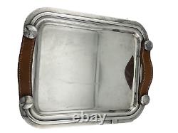 Hermes Home Art Deco Plated Silver Tray SPARTE PM with Leather Handles M3