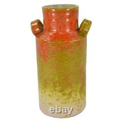 Italian Vintage Art Deco Pottery Mottled Red And Green Handled Vase