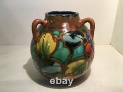 Japanese Awaji Pottery 3 Handle Art Deco Floral Vase Sanpei Flag 1922-39