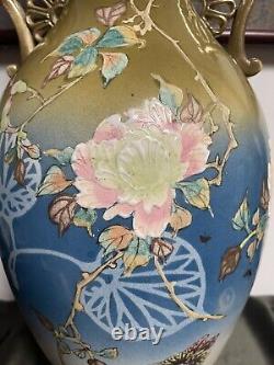 Japanese Vintage Pottery 2 Handle Art Deco Floral Vase