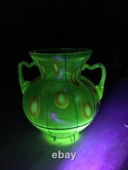 Kralik Uranium Art Glass Art Deco/Nouveau Double Handled Vase Lines & Canes
