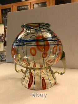 Kralik Uranium Art Glass Art Deco/Nouveau Double Handled Vase Lines & Canes