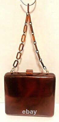 LUCITE brown amber swirl tortoise shell purse handbag shoulder bag link handle