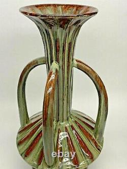 Large 4 Handled 22 Tall Art Deco Style Nouveau Vase Green Brown Drip Glaze