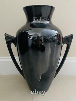 Large Signed Mid Century Black & Gold Glazed Double Handle Art Deco Vase 17