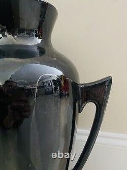 Large Signed Mid Century Black & Gold Glazed Double Handle Art Deco Vase 17