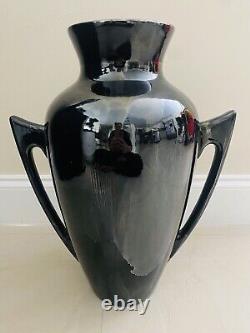 Large Signed Mid Century Black & Gold Glazed Double Handle Art Deco Vase 17