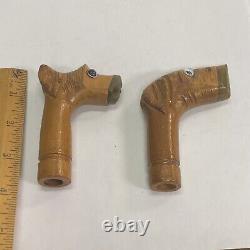 Lot of 2 Vintage Art Deco Carved Wood Bakelite Figural Dog Cane Handles