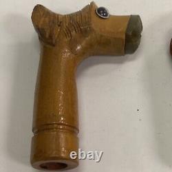 Lot of 2 Vintage Art Deco Carved Wood Bakelite Figural Dog Cane Handles