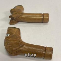 Lot of 2 Vintage Art Deco Carved Wood Bakelite Figural Dog Cane Handles