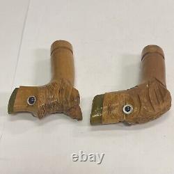 Lot of 2 Vintage Art Deco Carved Wood Bakelite Figural Dog Cane Handles