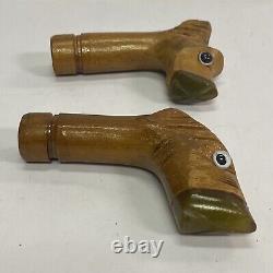 Lot of 2 Vintage Art Deco Carved Wood Bakelite Figural Dog Cane Handles