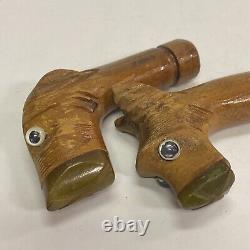 Lot of 2 Vintage Art Deco Carved Wood Bakelite Figural Dog Cane Handles