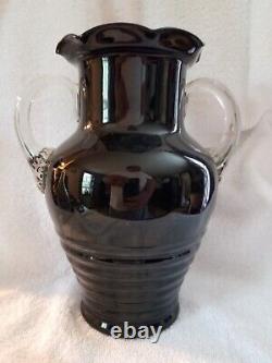 Louie Weston depression glass art deco vase black amethyst, applied handles 1930s