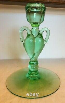 Lovely Rare Heisey Swan Green Moongleam Double Handled Candle Holder 61/2 T